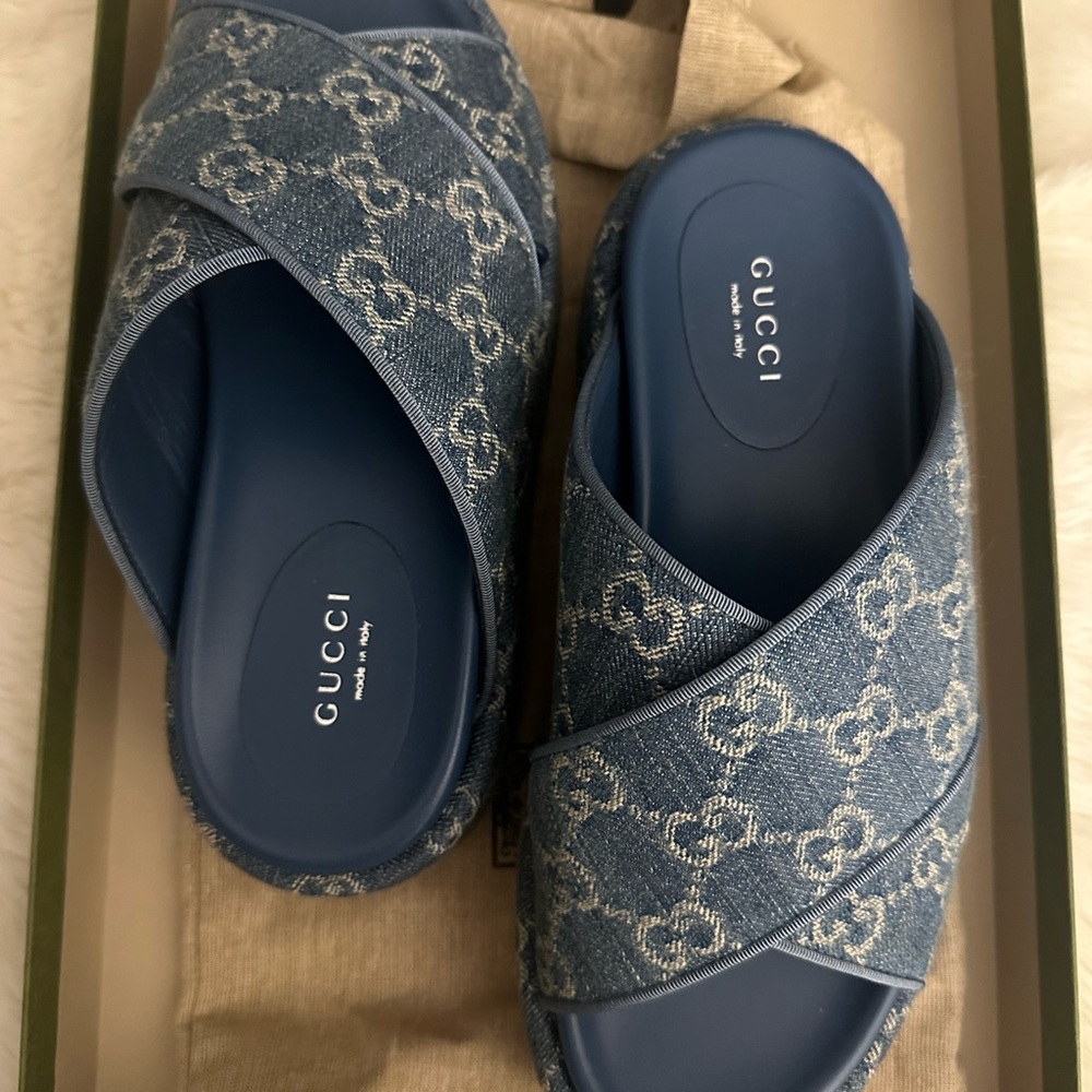 Gucci Platform Sandal  
NEW DENIM GG DELAVE/GR.GR.PR
LIGHT BLUE/AVION